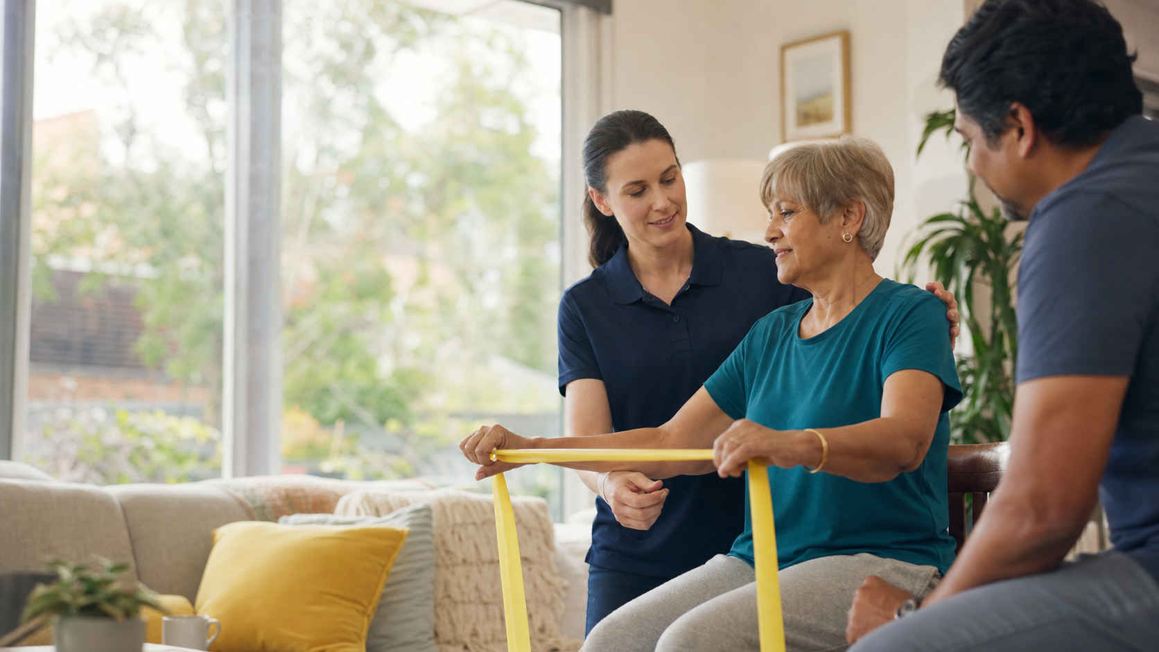 A physiotherapist guiding a participant through resistance-band exercises at home